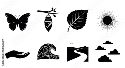 Black outline icons depicting a butterfly, cocoon on a branch, leaf, sunburst, hand holding object, ocean wave, winding road, and scattered clouds.