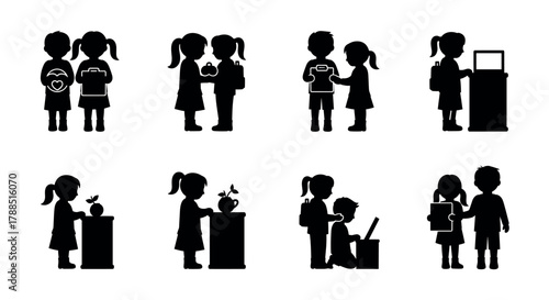 Silhouette illustrations of young caucasian children engaged in various school-related activities such as reading, writing, and sharing.