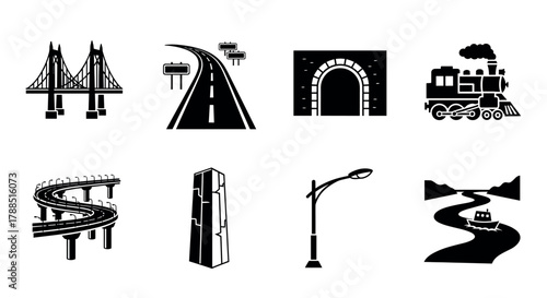 Black silhouette icons of transportation elements including a bridge, road, tunnel, train, highway interchange, signpost, streetlight, and river with a boat.
