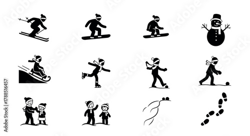 Collection of silhouette winter activities featuring people skiing, snowboarding, ice skating, sledding, and building a snowman in various playful poses.