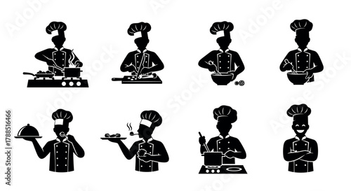 Black silhouette icons of chefs in various culinary activities including cooking, chopping, mixing, and serving dishes, all wearing chef hats and uniforms.