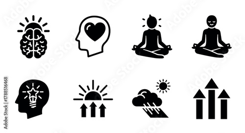Set of eight bold icons depicting themes such as mental health, meditation, and weather, including a brain, heart in a head, and person in meditation pose.