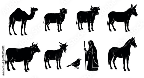 Black silhouette collection of various animals including a camel, sheep, cows, donkey, horse, and a person standing with a bird.