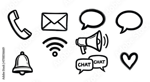 Black outlined icons featuring a phone, envelope, speech bubbles, wi-fi symbol, megaphone, notification bell, and heart, representing various communication and connectivity concepts.