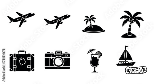 Black silhouette icons of airplanes, island with palm trees, suitcase, camera, cocktail, sailboat, and treasure map, representing travel and vacation themes.