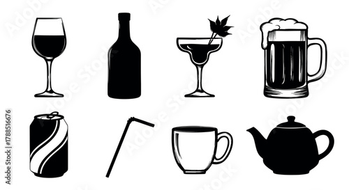 Black and white silhouettes of various drink containers, including a wine glass, bottle, cocktail glass, beer mug, soda can, straw, cup, and teapot.