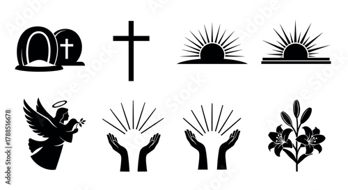 Black silhouette icons depicting christian symbols, including a tomb with a cross, a standalone cross, sunrise or sunset motifs, a praying angel, uplifted hands, and a lily flower.