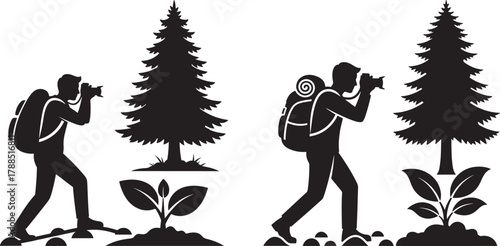 Two hikers with backpacks photographing nature trees and plants silhouette
