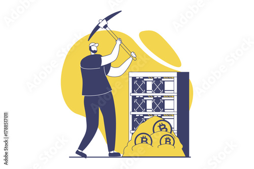 Cryptocurrency mining web concept with flat people for website design. Man with pickaxe working at crypto farm, extracting bitcoins for trading on online stocks, earning profit. Vector illustration.