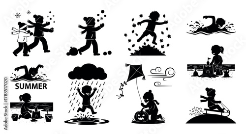 Black silhouette illustrations of children engaging in various seasonal activities including running, swimming, playing with leaves, and building sandcastles.