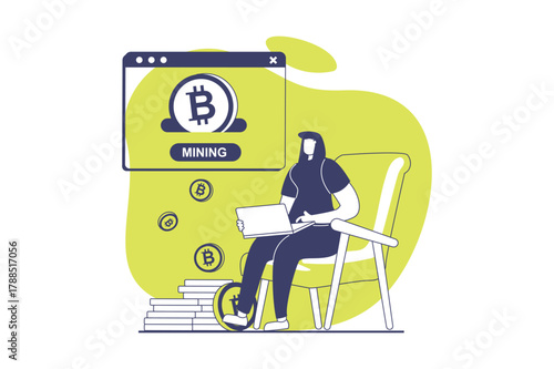 Cryptocurrency mining web concept with flat people for website design. Woman with laptop working at crypto farm, extracting bitcoins for trading on online stocks, earning income. Vector illustration.