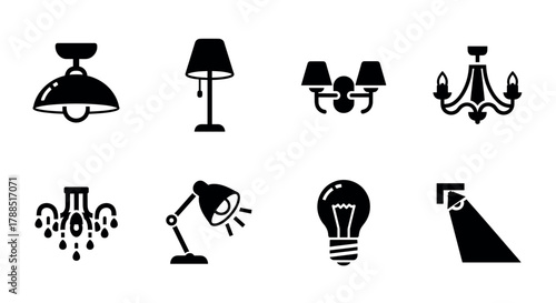 Black silhouette icons of various light fixtures including ceiling lamps, table lamps, wall sconces, and chandeliers.