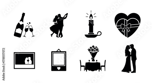 Black silhouette icons depicting various romantic gestures and symbols, including dancing couple, candlelight dinner, heart-shaped gift, and champagne glasses.