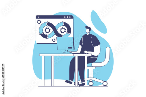 DevOps web concept with flat people for website design. Man working with management and code engineering agile workflow cycles, organisation job automation, integration process. Vector illustration.