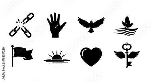 Set of eight black vector icons including broken chain, raised hand, flying dove, bird on waves, waving flag, sunrise, heart, and antique key with heart-shaped bow.
