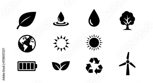 Black silhouette icons of environmental elements including leaves, water drops, earth, sun, tree, battery, recycling symbol, and wind turbine.
