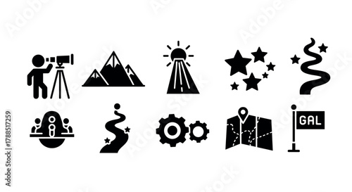 Black silhouette icons representing various activities and concepts including stargazing, mountain climbing, teamwork, navigation, and exploration.
