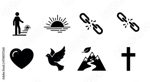 Collection of eight black icons including a walking figure, sunrise, broken chain links, heart, dove, mountains, and a cross, each symbolizing various concepts.