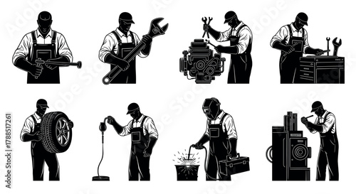 Black and white illustration of male mechanics in various poses, performing tasks such as holding tools, repairing an engine, and welding, showcasing diverse mechanical skills.