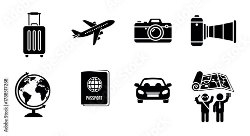 Black and white travel icons including suitcase, airplane, camera, lens, globe, passport, car, and map with two people planning a journey.