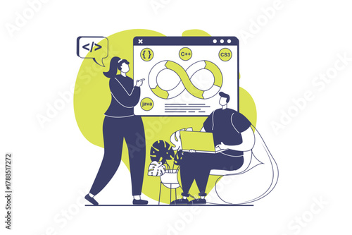 DevOps web concept with flat people for website design. Man and woman making teamwork infrastructure with agile production cycles, using management and programming connection. Vector illustration.
