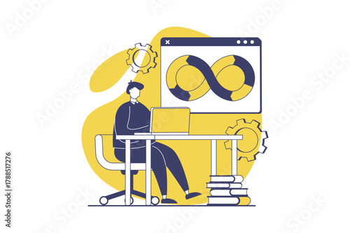 DevOps web concept with flat people for website design. Man working with agile production cycles, using management and programming connection, creating teamwork infrastructure. Vector illustration.