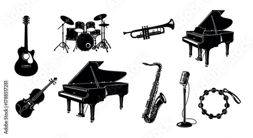 Black silhouette icons of various musical instruments including a guitar, drum set, trumpet, grand piano, violin, saxophone, microphone, and tambourine.