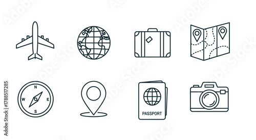 Black outline icons depicting travel essentials including an airplane, globe, suitcase, map, compass, location pin, passport, and camera.