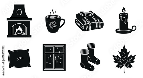 Black silhouette icons depicting cozy fall items, including a fireplace, warm drink, folded sweater, candle, pillow, rain-covered window, socks, and maple leaf.