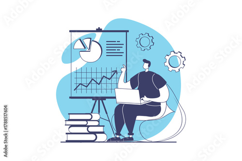 Digital business web concept with flat people for website design. Man analyzing financial data on diagram with growth trend, analyzing sells performances, getting profit progress. Vector illustration.