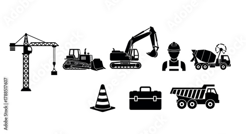 Black silhouettes representing various construction machinery and elements, including a crane, bulldozer, excavator, construction worker, cement mixer, traffic cone, toolbox, and dump truck.