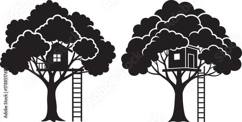 Two detailed treehouse silhouettes with ladders and windows