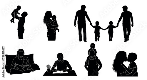 Black silhouette illustrations of families with children in various activities, including carrying, reading, kissing, and walking.