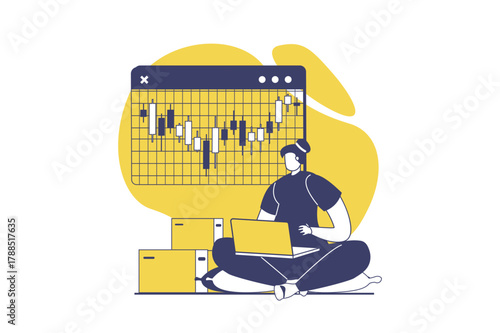 Digital business web concept with flat people for website design. Woman analyzing financial data on bar chart, analyzing performances, getting profit progress, managing company. Vector illustration.