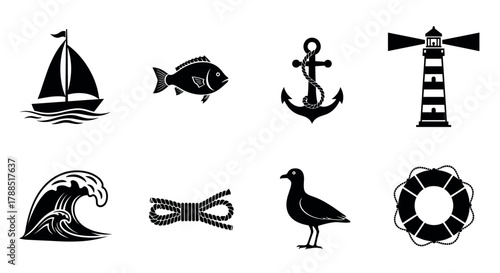 Black silhouette icons of nautical elements including a sailboat, fish, anchor, lighthouse, wave, knot, seagull, and lifebuoy in a simple, minimalist design.