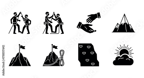 Set of black silhouette icons depicting various climbing activities, including climbers with gear, mountains with flags, a climbing wall, and a sun rising behind clouds.