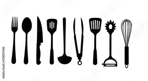 Black silhouettes of various kitchen utensils, including a fork, spoon, knife, spatula, ladle, tongs, peeler, and whisk, arranged in a row.