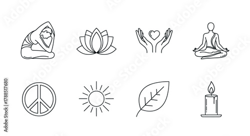 Simple black outline icons representing yoga poses, a lotus flower, hands holding a heart, meditation, peace symbol, sun, leaf, and a lit candle.