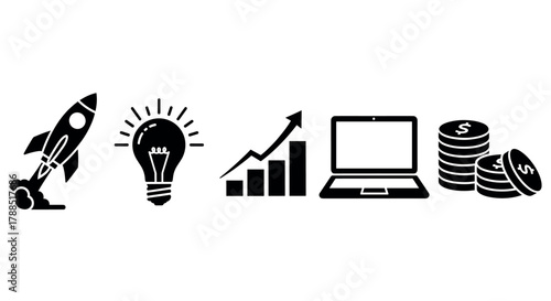Black silhouettes of a rocket, light bulb, ascending graph, laptop, and stacked coins, representing innovation, growth, technology, and finance.