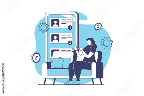 Digital business web concept with flat people for website design. Woman working in online retail store, answering clients messages in mobile chat, getting orders with payments. Vector illustration.