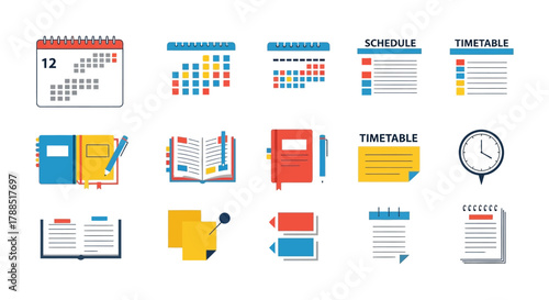 Collection of colorful flat design icons representing calendars planners notebooks and to do lists for organization and scheduling