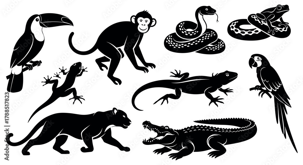 Obraz premium Black silhouette illustrations of various rainforest animals, including a toucan, monkey, snakes, lizards, parrot, panther, and crocodile, showcasing their distinctive shapes.