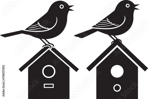 Two charming birds perched atop simple birdhouses in a striking silhouette
