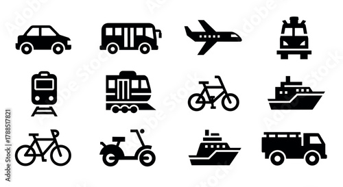 Black silhouette icons representing various modes of transportation, including cars, buses, bicycles, trains, airplanes, ships, and trucks.
