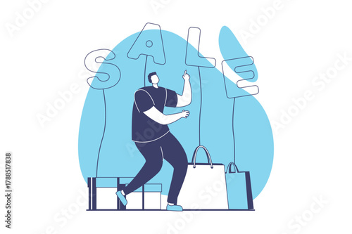 Discount store web concept with flat people for website design. Man with bags making bargain purchases, buying with special offer at seasonal sales, checkout online in stores. Vector illustration.