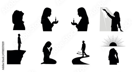 Black and white silhouettes of people in various poses, including praying, walking, and holding a candle, conveying themes of contemplation and spirituality.
