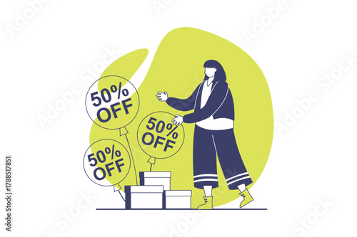 Discount store web concept with flat people for website design. Woman making bargain purchases with bast prices, buying with special offer at seasonal sale, getting gift boxes. Vector illustration.