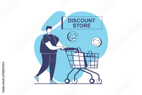 Discount store web concept with flat people for website design. Man with supermarket cart making bargain purchases, ordering and buying with special offers in clearance shop. Vector illustration.