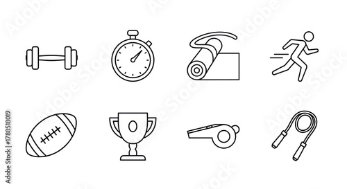 Black outline icons of gym equipment including a dumbbell, stopwatch, yoga mat, running figure, rugby ball, trophy, whistle, and skipping rope.