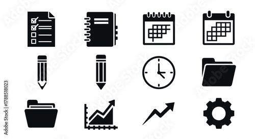 Set of black silhouette icons depicting office and productivity tools, including checklists, calendars, pencils, a clock, folders, graphs, and a gear.